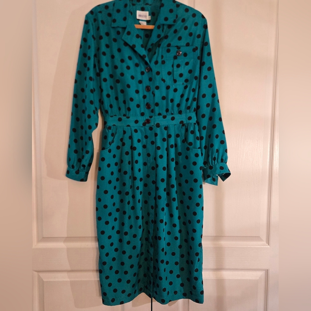 Vintage 80s 90s Leslie Fay Teal Long Sleeve Dress w/Black Polks Dots Boho Geek